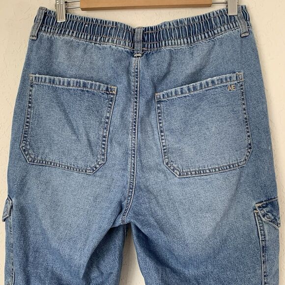 American Eagle Jeans Cargo Joggers Women M Blue Denim Drawstring Utility Tapered - Picture 6 of 10